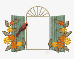 鹦鹉与花朵卡通窗户黄色花朵红色鹦鹉装饰高清图片