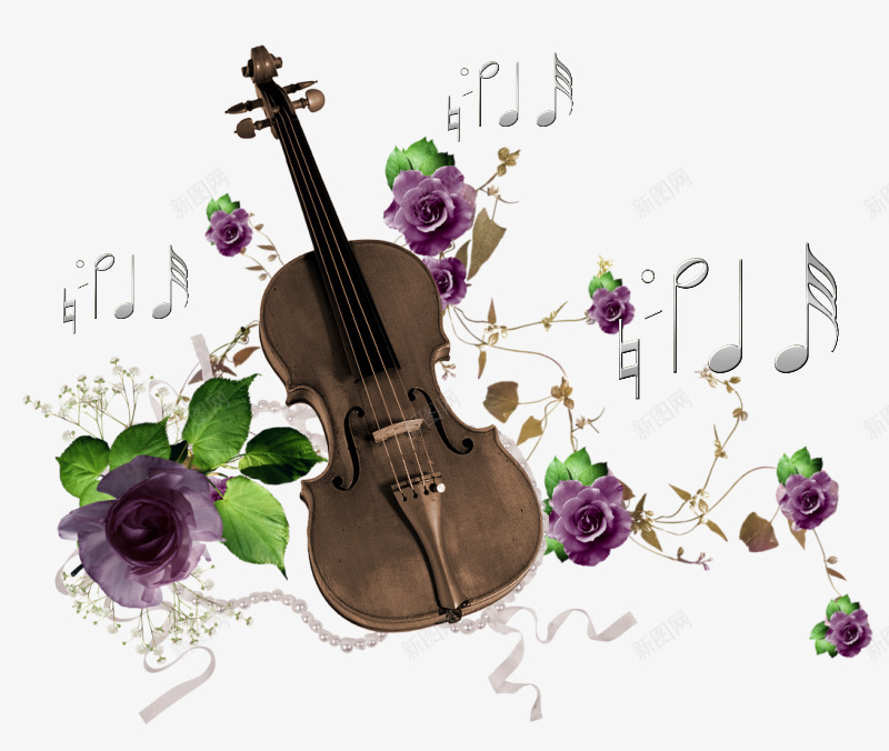 小提琴和音符png免抠素材_新图网 https://ixintu.com 小提琴 玫瑰 紫色 绿叶 音符