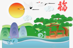 松树上的仙鹤鹤舞飞翔矢量图高清图片