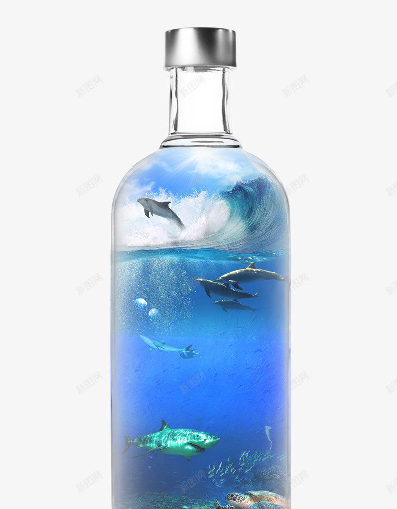 瓶子装鲨鱼png免抠素材_新图网 https://ixintu.com 图案设计 海洋 蓝瓶子 蓝色瓶子 鲨鱼