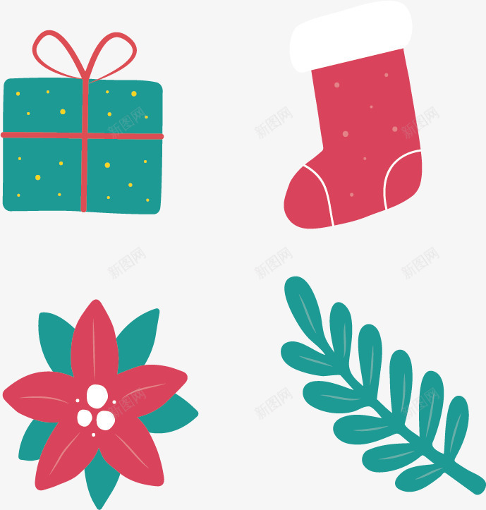 圣诞节元素png免抠素材_新图网 https://ixintu.com 叶子 圣诞袜 扁平化 礼盒 红色 绿色 花朵