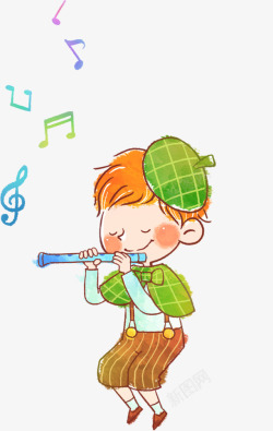 绿色笛子吹笛子的小男孩高清图片