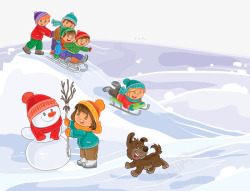 冬天小孩堆雪人小孩子冬季滑雪玩雪片高清图片