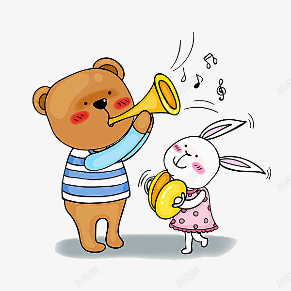 演奏的动物png免抠素材_新图网 https://ixintu.com png图形 png装饰 动物 卡通 小兔子 小熊 演奏铜管乐 装饰