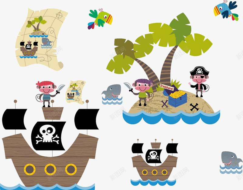 海盗系列png免抠素材_新图网 https://ixintu.com 小船 岛上的海盗 帆船 椰子树 海盗船