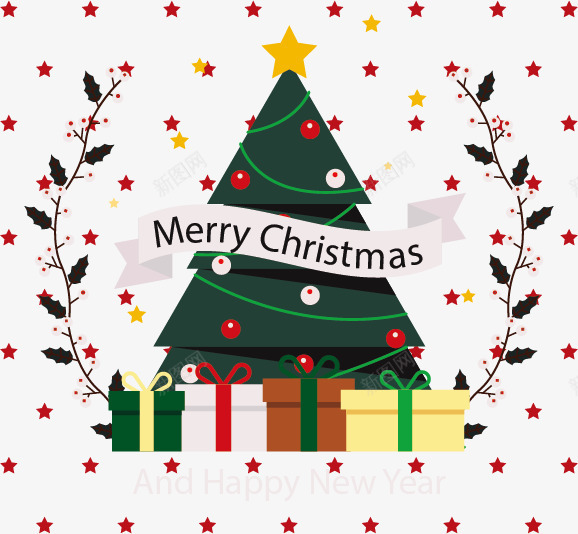 五角星背景圣诞卡png免抠素材_新图网 https://ixintu.com merryChristmas 圣诞树 圣诞节 礼盒 红色五角星