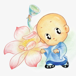 小沙弥手绘莲花和小和尚高清图片