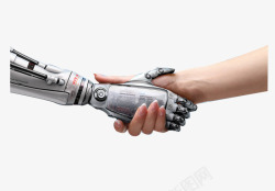 跳跃的科幻科技人物与机器人握手高清图片
