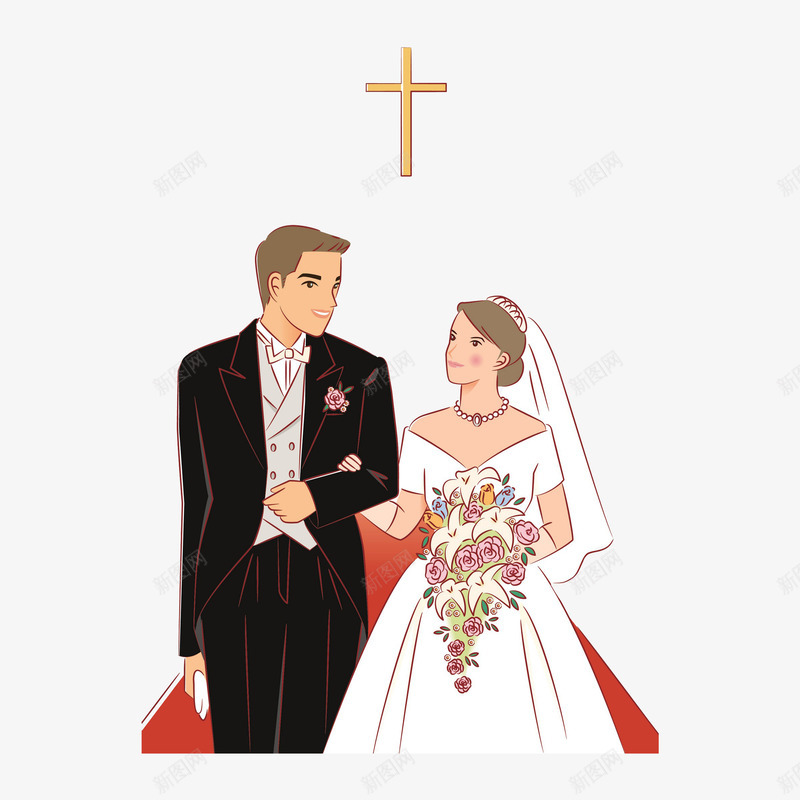 卡通版结婚的情侣png免抠素材_新图网 https://ixintu.com 动漫动画 十字架 卡通手绘 婚礼 结婚 装饰图