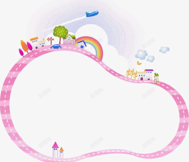 粉色边框png免抠素材_新图网 https://ixintu.com 云朵 动漫边框 图案 小房子 彩虹装饰 相框 粉色