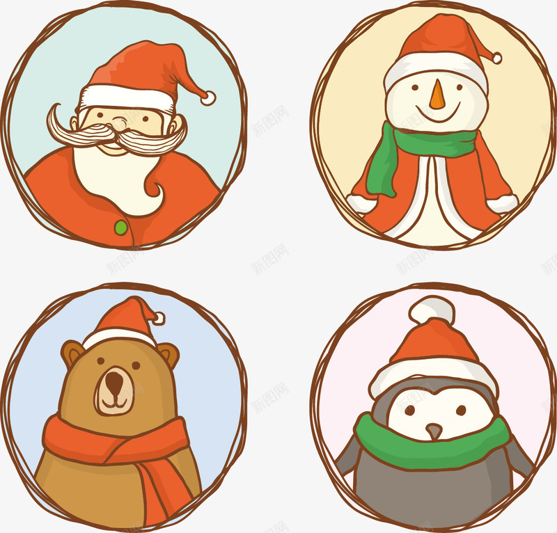 手绘圣诞老人卡通图标png_新图网 https://ixintu.com 企鹅 卡通 圣诞老人 手绘 熊 雪人