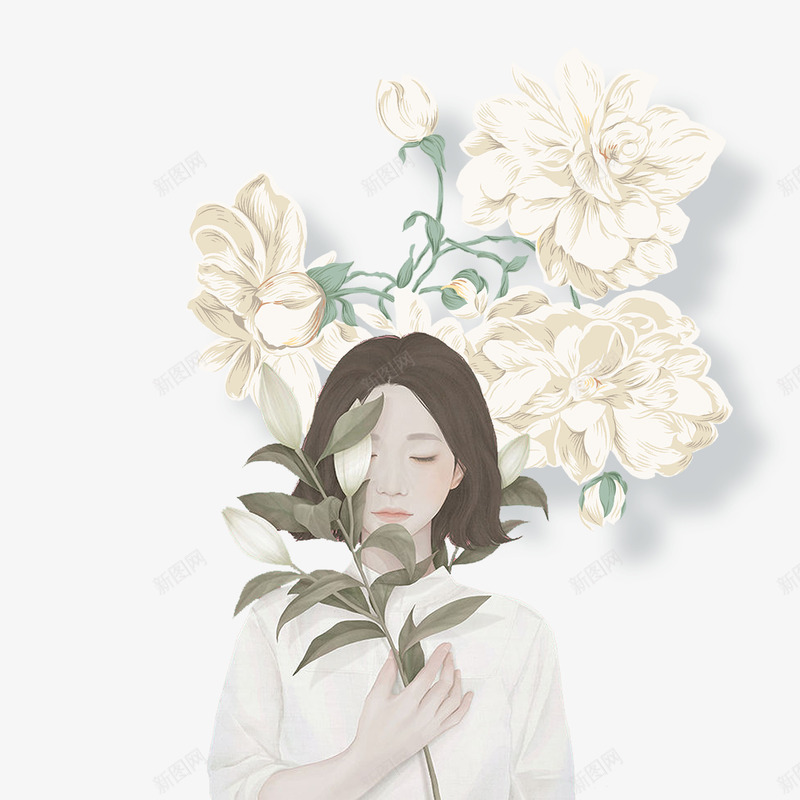 拿着白色花朵的女人psd免抠素材_新图网 https://ixintu.com 中国风 卡通 小清醒 手绘 民国服饰 白色 花朵