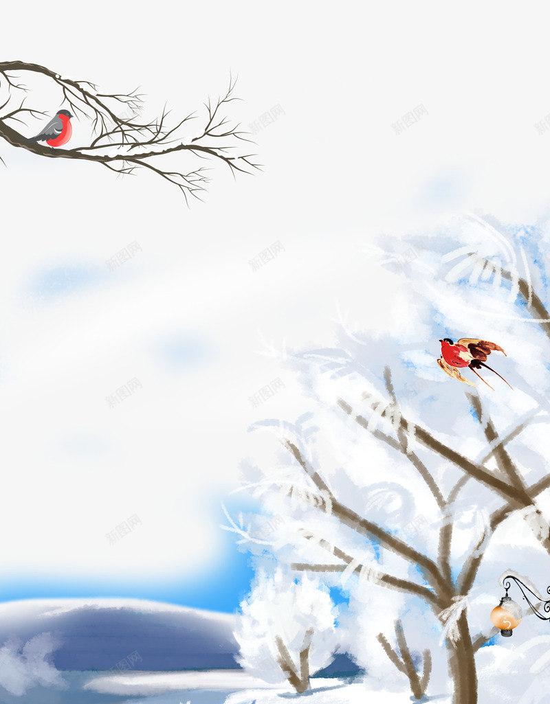 雪景背景元素图psd免抠素材_新图网 https://ixintu.com 树 树枝装饰 雪天 雪景 鸟