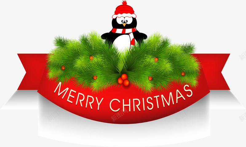 圣诞快乐条幅png免抠素材_新图网 https://ixintu.com 呆萌企鹅 唯美 圣诞快乐 红色帽子 红色条幅 绿色松叶