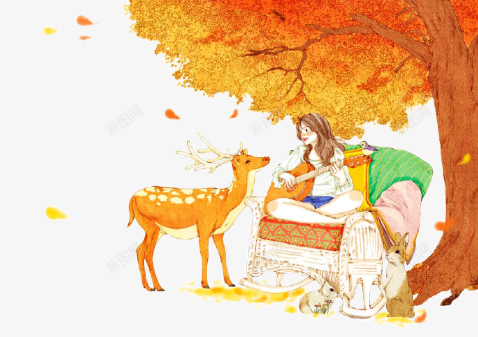 鹿和女孩png免抠素材_新图网 https://ixintu.com 卡通手绘 吉他 少女 树木 麋鹿
