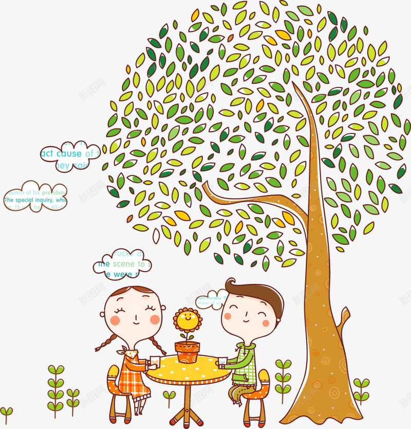 树下的小孩png免抠素材_新图网 https://ixintu.com 人物 人物插画 卡通人物 卡通小女孩 大树 女孩 小孩 小桌子 盆栽 矢量人物
