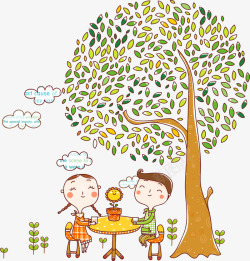 卡通小桌子树下的小孩高清图片