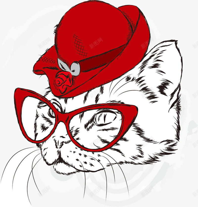 戴红帽子的冷酷猫咪png免抠素材_新图网 https://ixintu.com 帽子 手绘 猫咪 眼镜