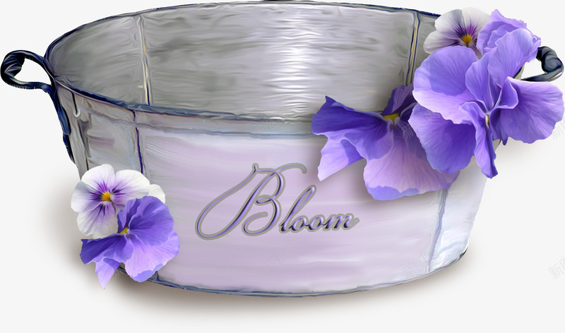 紫色花朵与盆子png免抠素材_新图网 https://ixintu.com 卡通 手绘 水盆 简图 紫色的 花朵 装饰 银色