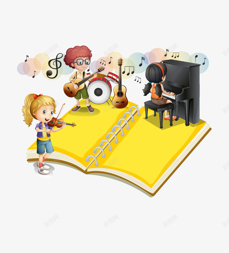课本矢量图eps免抠素材_新图网 https://ixintu.com 吉他 女生 小提琴 弹钢琴 课本 鼓 矢量图