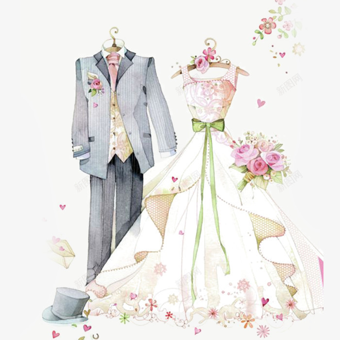 手绘结婚礼服婚纱西装png免抠素材_新图网 https://ixintu.com 婚纱 手绘 手绘结婚礼服 礼服 结婚 西装