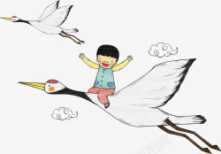 背景开心白色飞翔的大雁和小男孩高清图片
