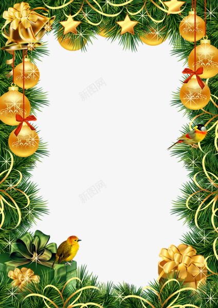 带圣诞球的边框png免抠素材_新图网 https://ixintu.com 圣诞球 圣诞节框子 小鸟 相框 边框 金色