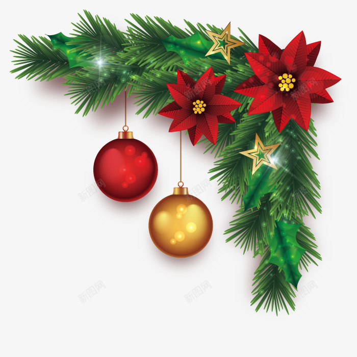 圣诞节植物png免抠素材_新图网 https://ixintu.com 两颗球 五角星 叶子 形状 彩球 挂饰 松树枝 树叶 红色黄色 红花 绿色 艺术 花朵