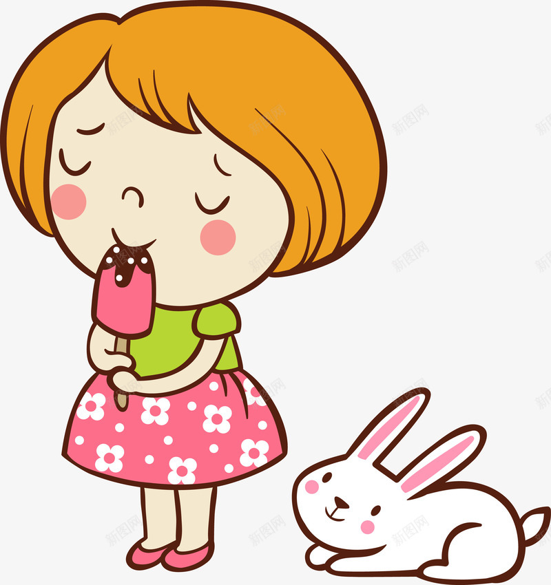 吃雪糕的女孩矢量图ai免抠素材_新图网 https://ixintu.com 兔子 卡通女孩 吃雪糕 粉色 矢量图