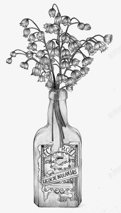 素描花卉png免抠素材_新图网 https://ixintu.com 手绘 插花 玻璃瓶 花朵 黑白