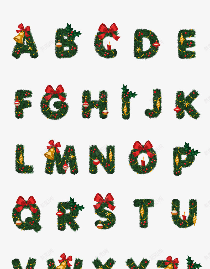 2018圣诞节主题英文字母png免抠素材_新图网 https://ixintu.com 圣诞快乐 圣诞礼物 圣诞节 字体设计 植物 红丝带 英文字母 蝴蝶结 铃铛