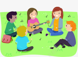 卡通插图坐在草地上唱歌的孩子们素材