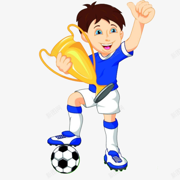 冠军的男孩子png免抠素材_新图网 https://ixintu.com 卡通 奖杯 小男孩 少儿足球 帅气的 简笔 蓝色的 足球