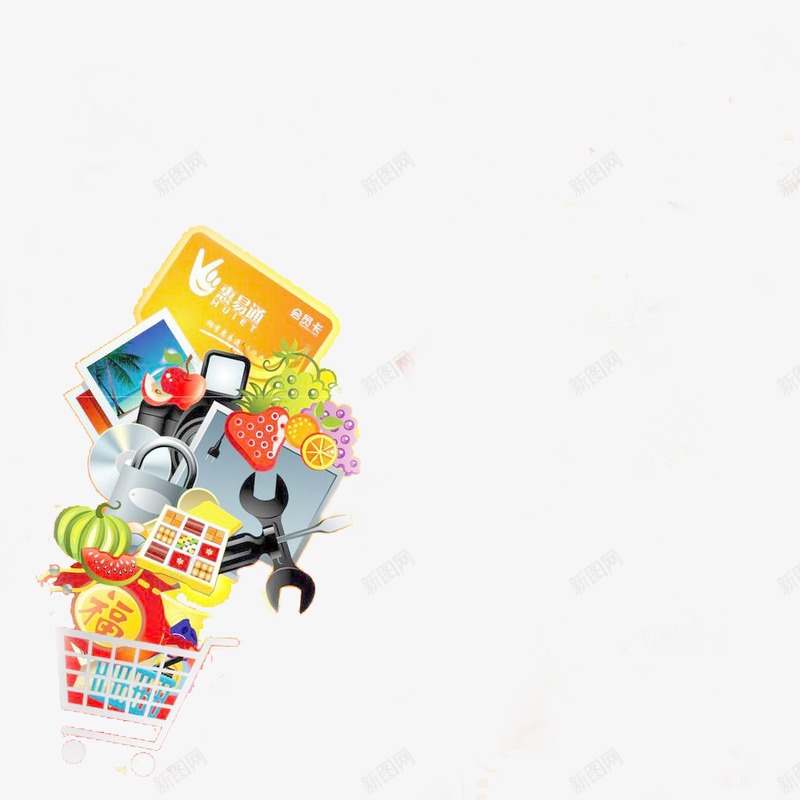 卡通购物车png免抠素材_新图网 https://ixintu.com 信用卡 卡通 水果 福字 草莓 超市推车 超市购物车