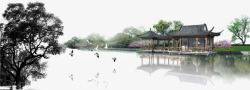 房子水中倒影清新淡雅的中国风水墨画高清图片
