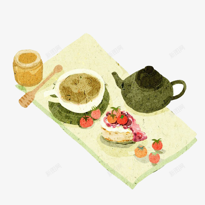 卡通草莓蛋糕下午茶png免抠素材_新图网 https://ixintu.com 咖啡 奶茶 港式甜品 点心 草莓蛋糕