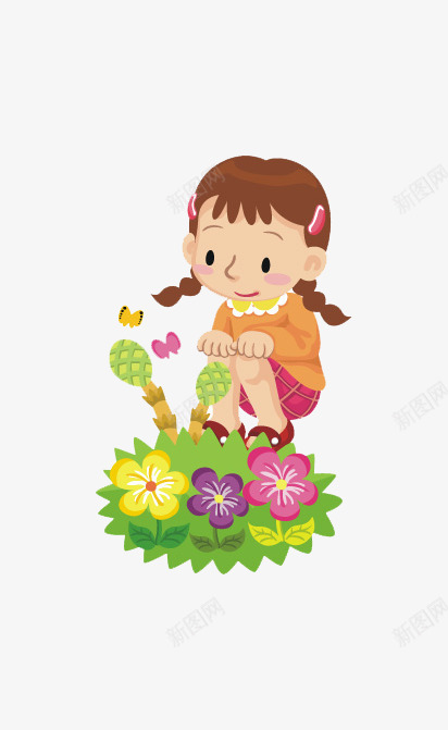 卡通女孩观察植物png免抠素材_新图网 https://ixintu.com 卡通 女孩 绿色植物 观察植物 蹲下的女孩 飞翔的蝴蝶装饰