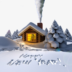 新年快乐树冬季小木屋高清图片