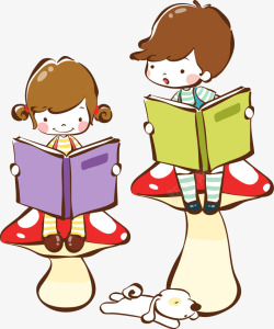 蘑菇男孩读书的男孩女孩高清图片