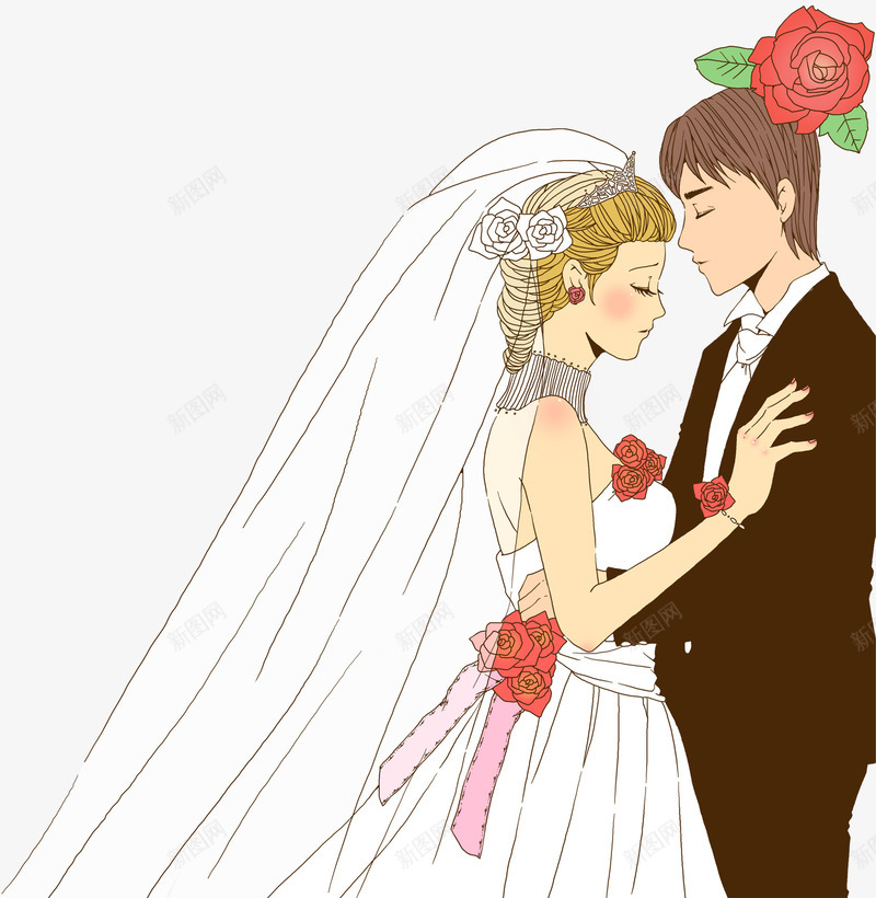 手绘新郎新娘png免抠素材_新图网 https://ixintu.com 卡通新郎新娘 手绘新郎新娘 结婚