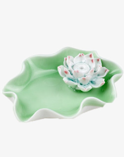 绿色瓷器荷叶陶瓷盘和莲花座高清图片