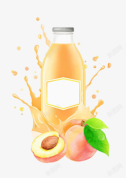 一瓶桃汁png免抠素材_新图网 https://ixintu.com 一瓶 卡通 叶子 手绘 果汁 桃子 粉色 绿色 黄色