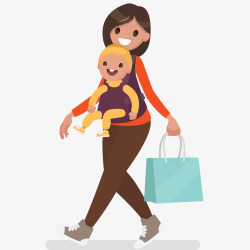 妈妈背着宝宝去购物插画矢量图素材