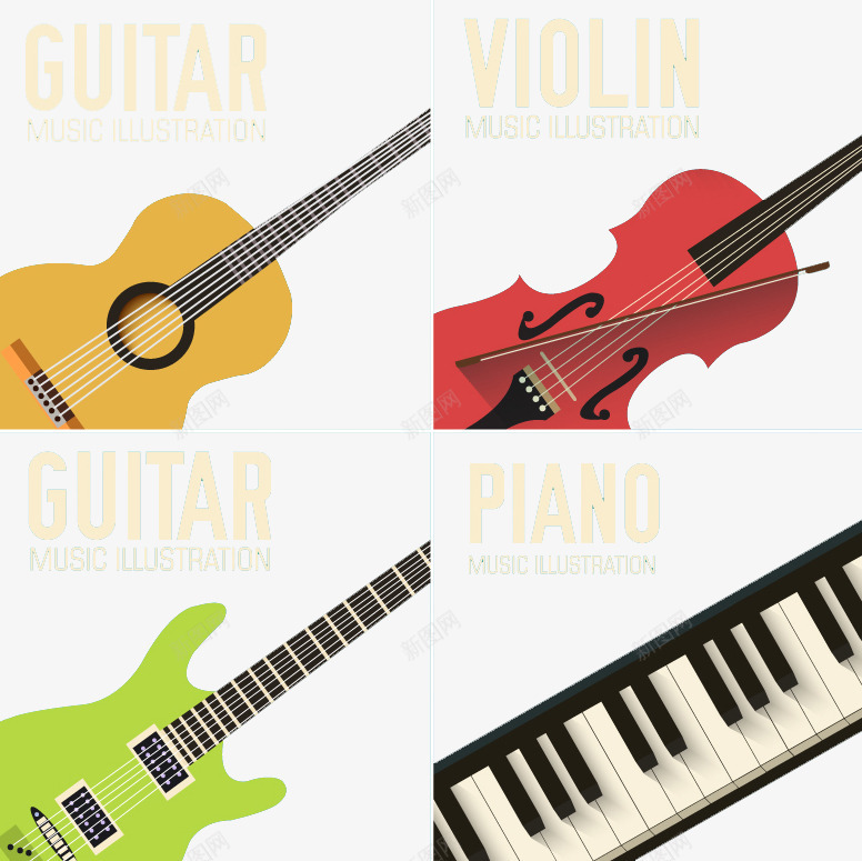 4款精致乐器卡片png免抠素材_新图网 https://ixintu.com 乐器素材 吉他 小提琴 电子琴 精致 贝斯