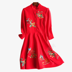 新娘红裙刺绣七分袖连衣裙高清图片