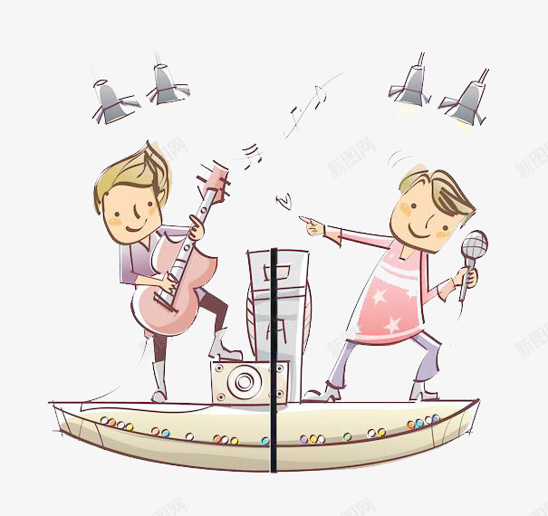 卡通玩音乐小孩png免抠素材_新图网 https://ixintu.com 卡通萌图 吉他 对唱 小孩 新图网 话筒 音乐