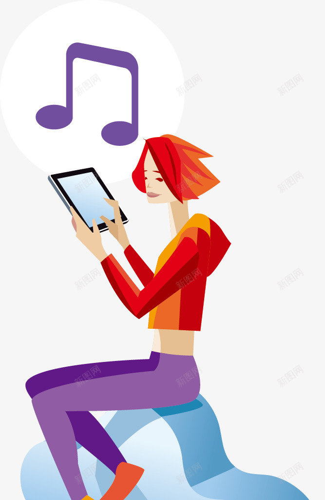 云端玩平板电脑的女子png免抠素材_新图网 https://ixintu.com 红发女子 音符