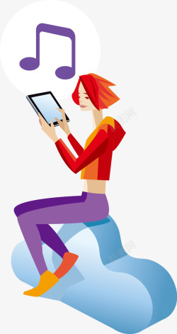 红发女子云端玩平板电脑的女子高清图片