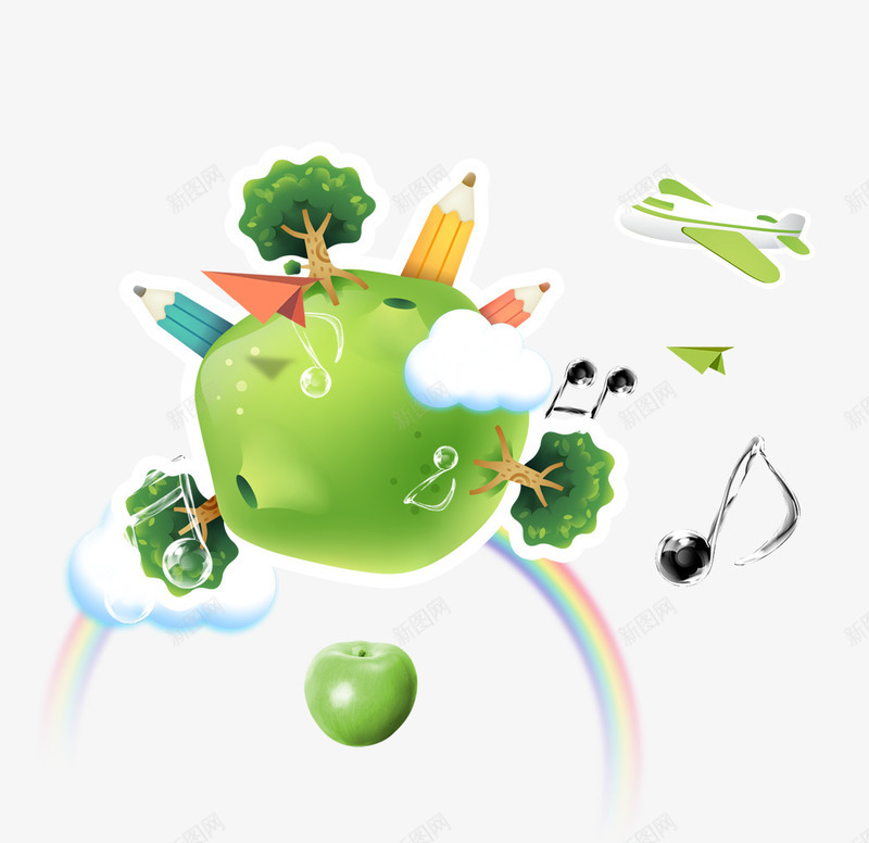 卡通绿化地球png免抠素材_新图网 https://ixintu.com 卡通 地球 树木 青苹果 音符 飞机
