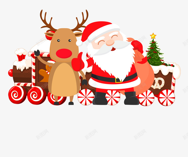 圣诞老人和麋鹿png免抠素材_新图网 https://ixintu.com 卡通 圣诞树 圣诞老人 圣诞节 小火车 彩色 手绘 麋鹿